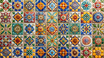 Colorful vintage ceramic tiles creating a mosaic wall background, mosaic, ceramic, tiles, wall, decoration, vintage