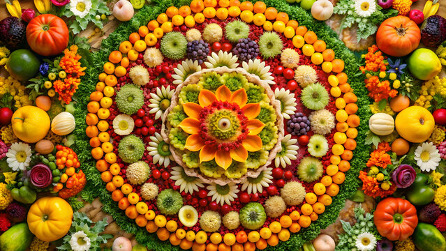 Madala design made of flowers and fruits for a spiritual earth ceremony, madala, design, flowers, fruits, spiritual, earth