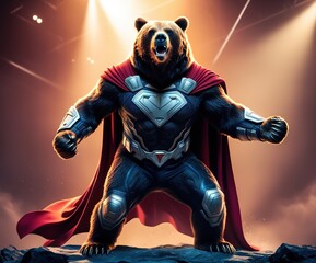 A bear superhero stands confidently in a dramatic pose, showcasing impressive strength and a vibrant costume