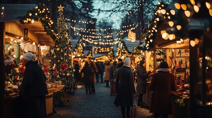 Crowded Christmas market with lights