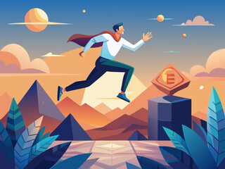 Fototapeta premium A man jumping into the blockchain to invest in cryptocurrencies, Bitcoin, Ethereum, NFTs. 