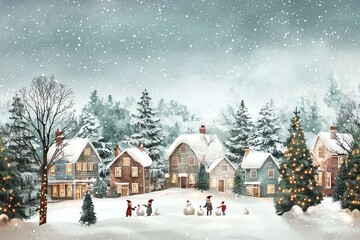 Snowy winter village scene with children playing
