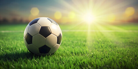 Fototapeta premium Soccer ball on green grass field, Soccer, ball, grass, sport, game, outdoor, field, round, equipment, play, competition