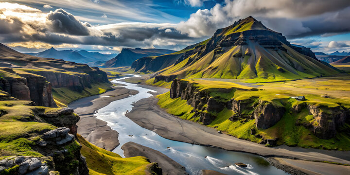 Majestic view of Thakgil mountains, canyon, and river in Iceland , Iceland, Thakgil, mountains, canyon, river, landscape