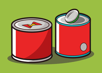 Tin can drawing set, closed and open. Simple cartoon clip art illustration.
