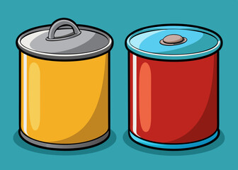 Tin can drawing set, closed and open. Simple cartoon clip art illustration.
