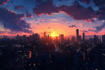 Fototapeta premium Vibrant Sunset Over City Skyline in Anime Style