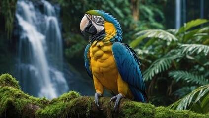 Fototapeta premium Colorful parrot perched on rock near waterfall in tropical rainforest