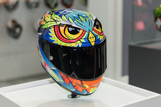 ISTANBUL, TURKEY - MARCH 23, 2024: HJC helmet display at performance and lifestyle expo on Motobike Istanbul Fair. Founded in South Korea in 1971, HJC produces high quality, comfortable and affordable