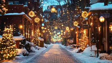 A charming street is illuminated with lights, surrounded by snow-covered trees, creating a cozy winter atmosphere at twilight. - Powered by Adobe