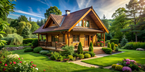Cozy wooden house nestled in a lush garden setting, house, garden, greenery, peaceful, serene, tranquil, nature, architecture