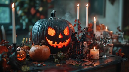 Carved jack o' lantern pumpkin with candles, leaves and spiderweb on a table for Halloween celebration