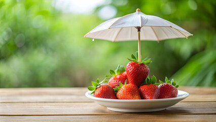 Fresh strawberry displayed in a white plate under an umbrella, Strawberry, fruit, red, plate,...