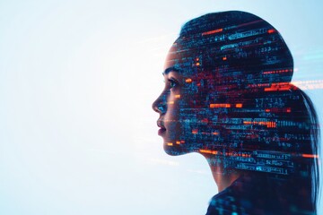 Young woman profile overlaid with streaming data representing artificial intelligence
