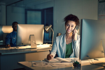 Phone call, computer and portrait of businesswoman in office at night for international client complaint. Happy, communication and investment banker on mobile discussion with customer for feedback.