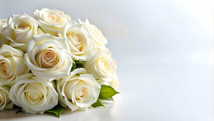 Obraz premium White rose bouquet on white background, white roses, wedding flowers, floral arrangement, pure, elegant, minimalist, romantic