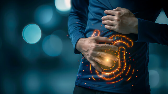 a person holding their hands around their lower abdomen, with an illustration of the intestines highlighted in orange. This suggests a focus on digestive health or abdominal discomfort