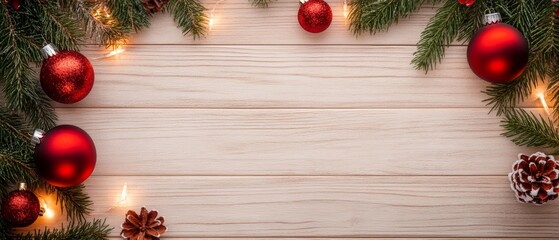 Christmas background flat lay with red baubles, pinecones, wood table and fir branches