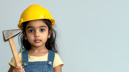 Indian little girl wearing helmet hard hat and overalls holding hammer