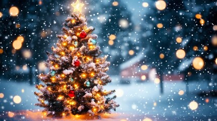 Snowy cottage surrounded by twinkling Christmas lights and snow-covered trees in magical winter setting. Vibrant Christmas tree decorated glowing lights ornaments, snowfall and bokeh in background