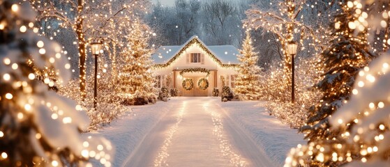 Snowy cottage surrounded by twinkling Christmas lights and snow-covered trees in magical winter setting. Vibrant Christmas tree decorated glowing lights ornaments, snowfall and bokeh in background