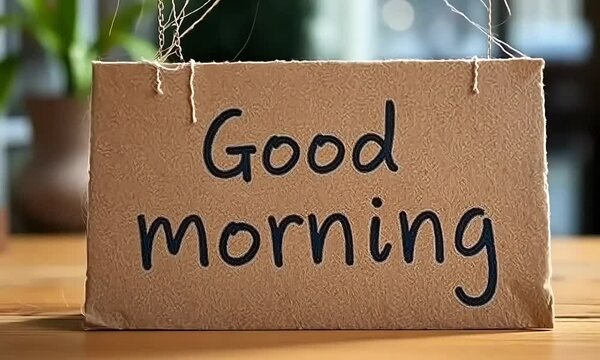 Good Morning message on cardboard sign. A close-up shot of a cardboard sign with the handwritten message "Good Morning" on it.
