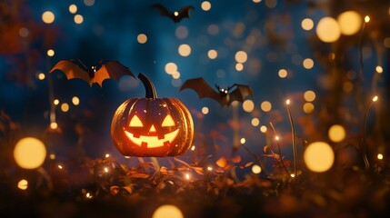 A beautiful Halloween night with a glowing pumpkin lantern, surrounded by shimmering fairy lights, and cute, smiling bats flying in the background.