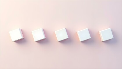 Five white cubes are aligned on a pale pink backdrop, showcasing a minimalist design
