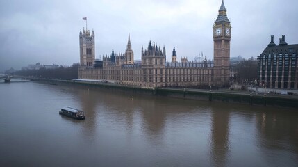 Fototapeta premium A bird's-eye view of Big Ben and the Houses of Parliament in London, the River Thames flowing nearby and the city's landmarks in sight.