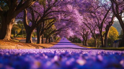 A field of vibrant jacaranda trees in full bloom, their purple flowers creating a magical canopy in a city street.
