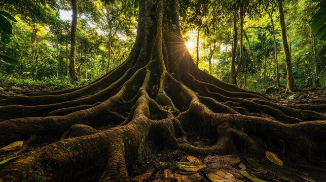 A giant kapok tree in the Amazon rainforest, its immense roots spreading across the forest floor, embodying the strength of the jungle