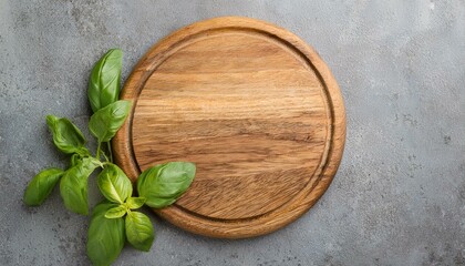 Basil on a cutting board on a grey kitchen table.