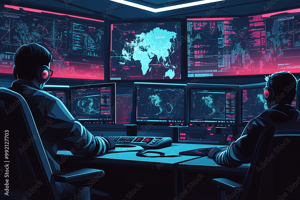 Poster a high-tech control room with monitors displaying data and maps for analysis.