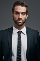 Corporate, consultant and portrait of business man in studio for advisor, asset management and investor. Private equity associate, venture capitalist and professional with person on gray background