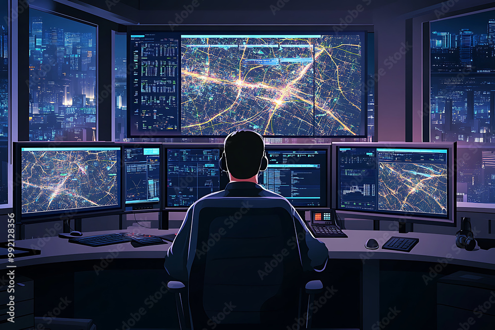Poster a person monitors multiple screens displaying city maps and data in a control room.