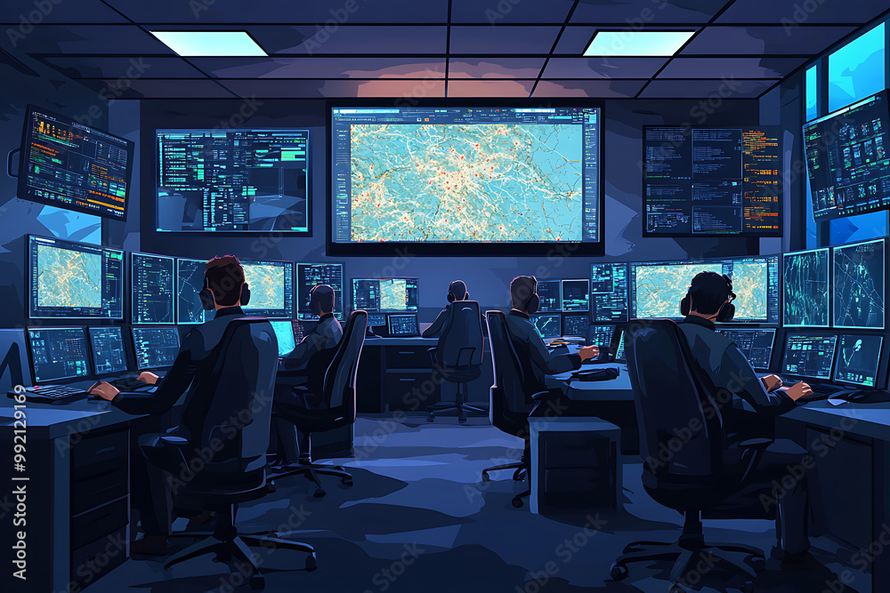 Poster a high-tech control room with multiple screens displaying data and maps, focused on monitoring.