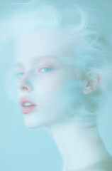 Ethereal portrait of woman in soft blue tones, surreal beauty and dreamy atmosphere
