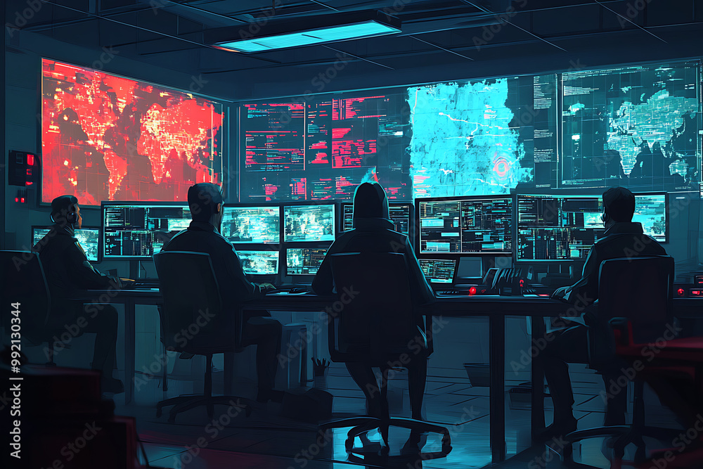 Poster a high-tech control room with monitors displaying global data and maps.