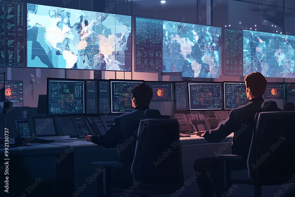 Poster a high-tech control room with monitors displaying data and maps.