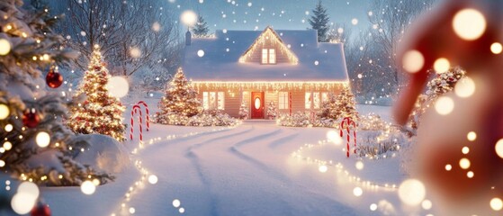 Fototapeta premium Snowy cottage surrounded by twinkling Christmas lights and snow-covered trees in magical winter setting. Vibrant Christmas tree decorated glowing lights ornaments, snowfall and bokeh in background