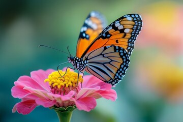 Fototapeta premium Monarch butterfly perched on pink zinnia flower feeding