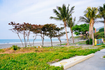 Kaohsiung, Taiwan, Republic of China, 01 25 2024: The landscape of Kaosiung Sizihwan Bay beach in Kaohsiung  © Feng