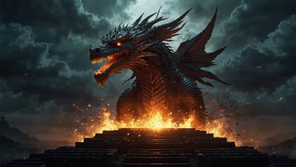 fantasy fierce dragon perched atop a castle with glowing eyes at twilight. AI-generated.