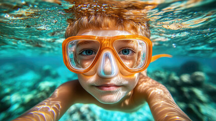 Fototapeta premium A child wearing bright orange snorkel gear is swimming underwater, surrounded by colorful coral reefs beneath the shimmering surface