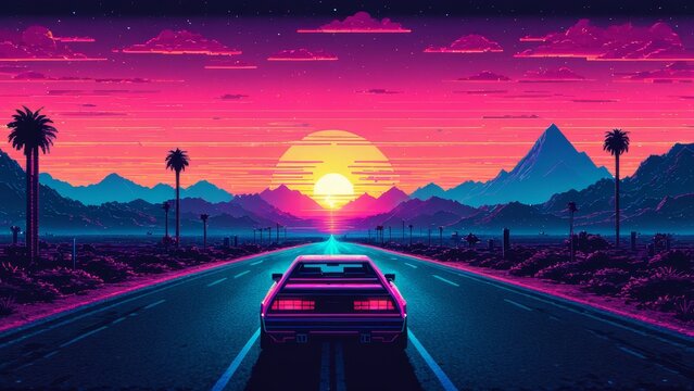 80s pixel art of synthwave landscape with car.