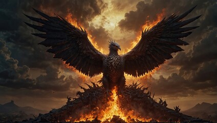 fantasy powerful phoenix in a fiery rebirth among smoldering ruins. AI-generated.