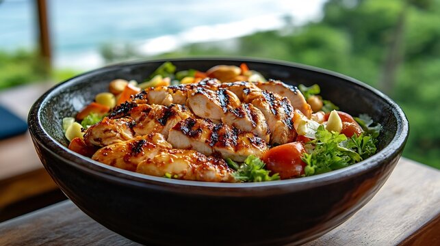 Rose apple salad grilled chicken almonds served vibrant beachfront caf detox smoothies and yoga gear softly blurred behind promoting a proteinpacked nutritious meal Scientific name Syzygium jambos