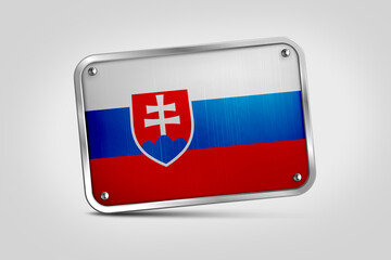 Silver plate With Slovakia Flag Embossed. Flag Fixed in Silver Plate Isolated on White Background. Silver Plate Mockup. Symbol, Minimal, Vector, 3D, Icon, Illustration Background.