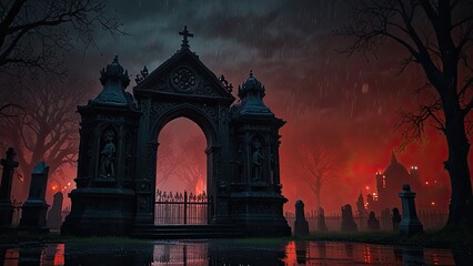 Fototapeta premium Spooky cemetery entrance gate is illuminated by an eerie red glow in the background, creating a spooky and mysterious atmosphere for Halloween and game design