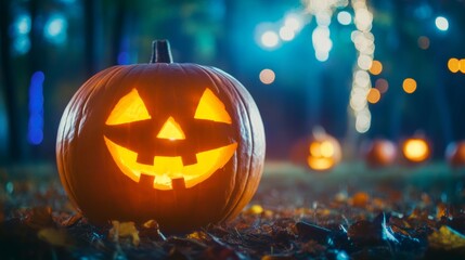 Naklejka premium A bright orange pumpkin with a carved creepy face, lit from within by a candle, against the backdrop